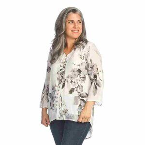 Papillon Floral Blouse with 3/4 Sleeve, Women's, White/Grey, NWT